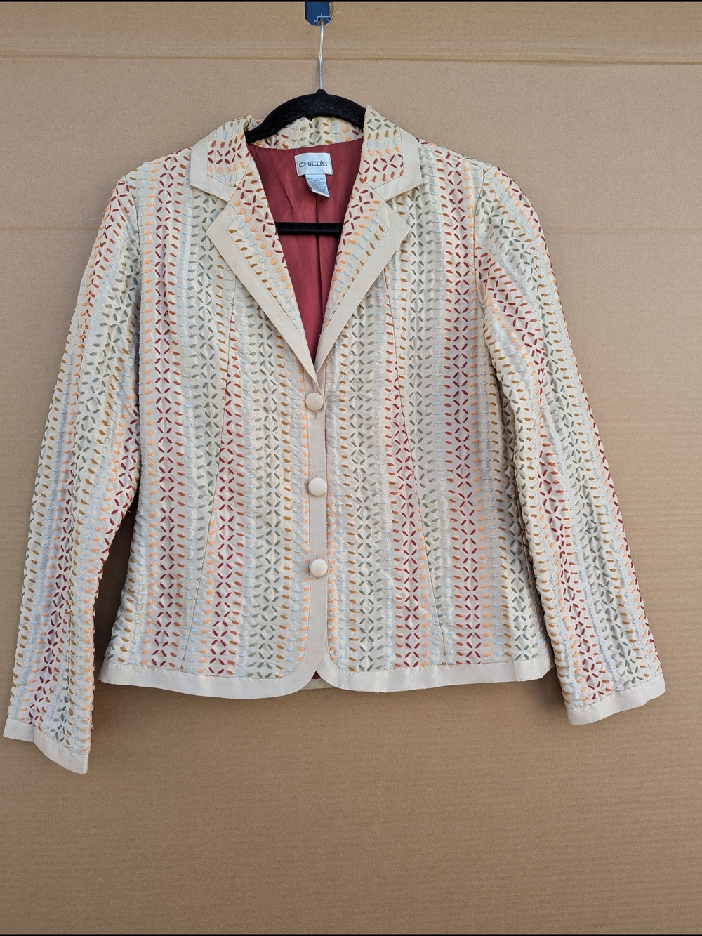 Chico's 100% Silk Embroidered Kantha Style Blazer Jacket Cream Red Sz 0 S